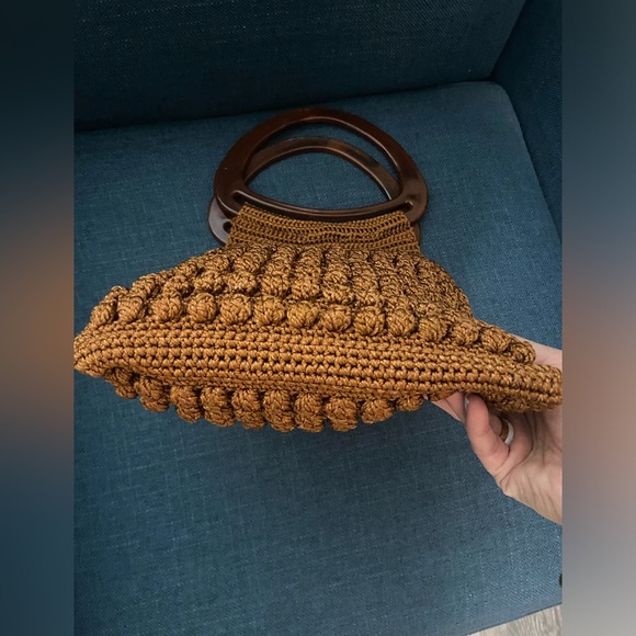 Vintage Crochet Rust Brown with Knots & Oval Lucite Handles Boho Handbag Purse - Picture 8 of 12